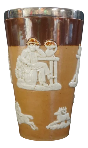 Antique Royal Doulton Harvest Hunt Beaker with Silver Rim, 1896