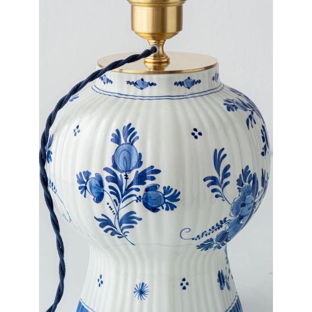 Metal Blue Ceramic Ginger Jar Lamp with New Pistachio Green Silk Shade from Royal Delft, 1971 For Sale - Image 7 of 16