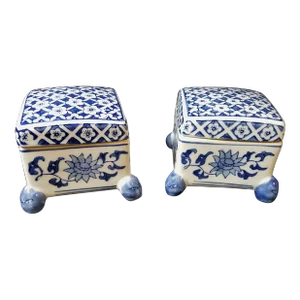 Mid 20th Century Footed Chinese Blue and White Lidded Boxes - a Pair