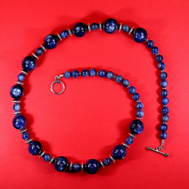 Ajd 25 Inch Chatoyant Blue Kyanite Necklace With Silvery Accents For Sale - Image 4 of 5
