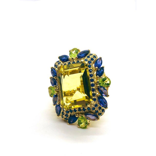 Bochic “Capri” Vintage Sapphire, Peridot & Lemon Quartz Ring — 18K Gold & Silve For Sale - Image 4 of 11