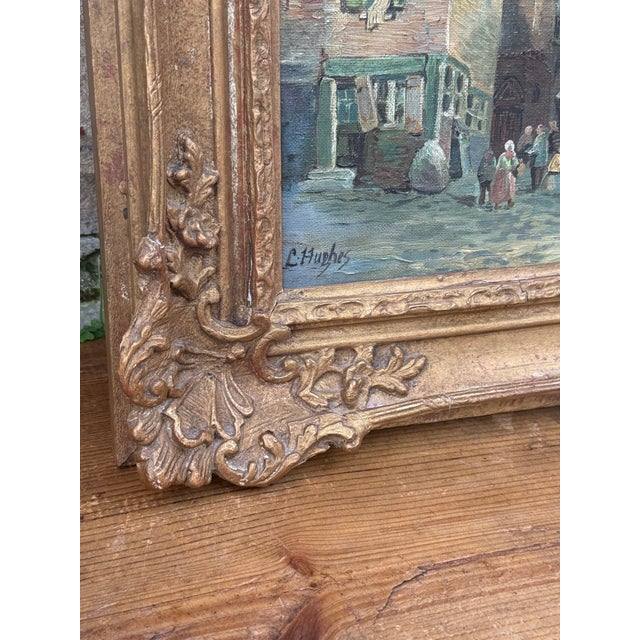 French Country Antique European Village Street Scene Oil Painting | Signed L. Hughes | Ornate Gilt Frame For Sale - Image 3 of 10