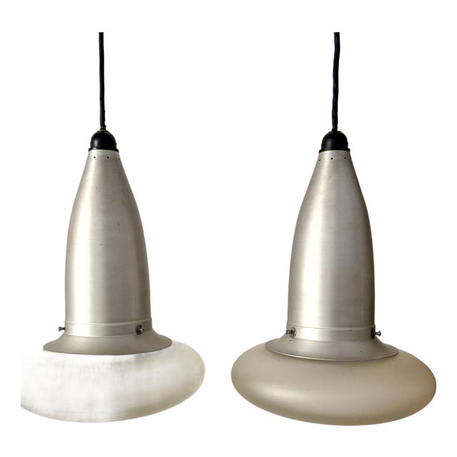 1960s Space Age Brushed Aluminum & Frosted Glass Pendant Lights a Pair For Sale