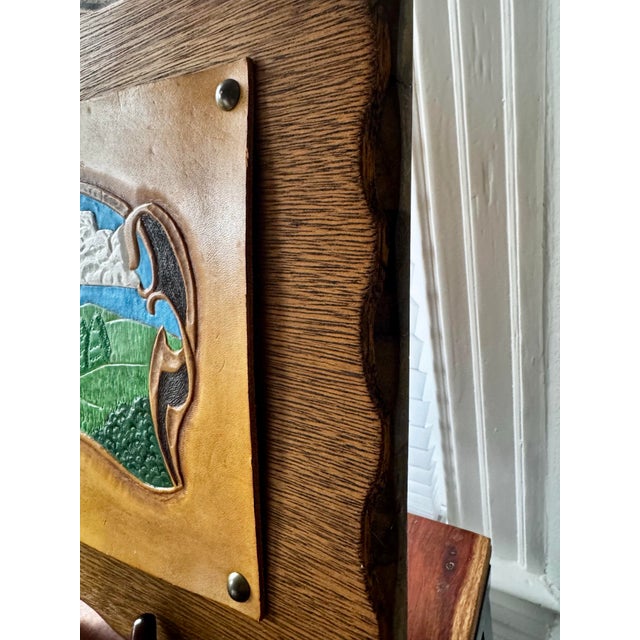 1970s Hand Tooled Leather Landscape Wall Art in Carved Wood Frame For Sale - Image 4 of 7