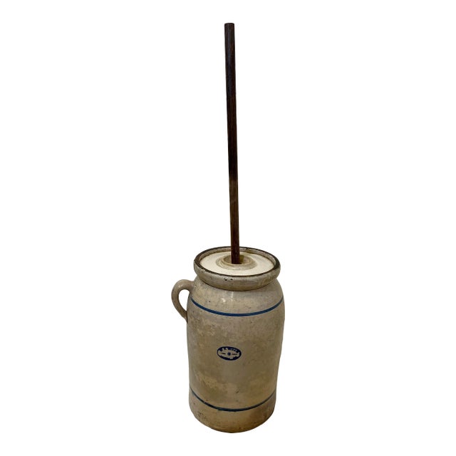 Antique 19th Century Handled American Stoneware Number 6 Butter Churn With Wooden Plunger. For Sale