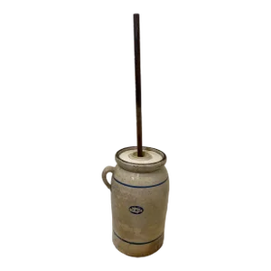 Antique 19th Century Handled American Stoneware Number 6 Butter Churn With Wooden Plunger.