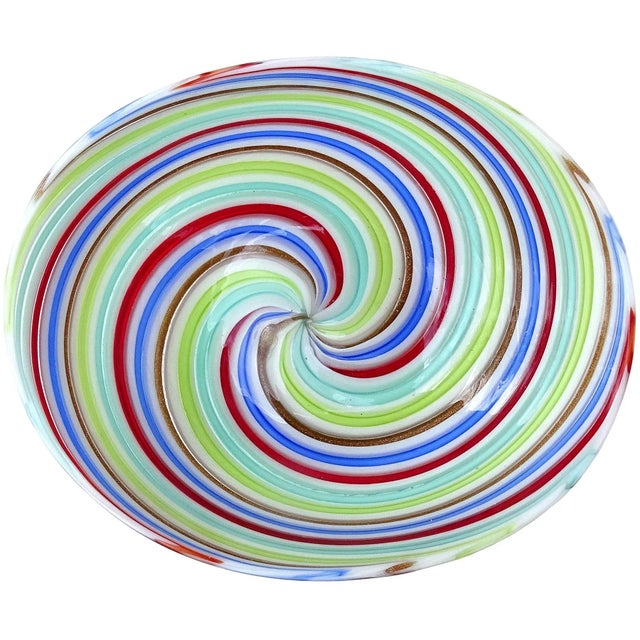 Vintage Murano Dino Martens Red Blue White Copper Aventurine Swirl Italian Art Glass Ribbons Dish Bowl For Sale - Image 11 of 11