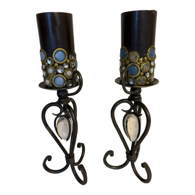 1970s Wrought Iron Candle Holders W/Whimsical Candles - A Pair For Sale