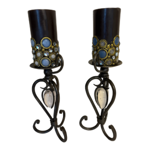 1970s Wrought Iron Candle Holders W/Whimsical Candles - A Pair