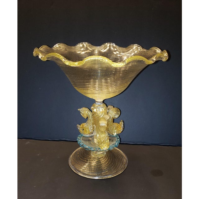 Vintage Murano glass tazza compote- featuring gold polveri in clear rigadin glass, 3 dolphins surrounding the stem...