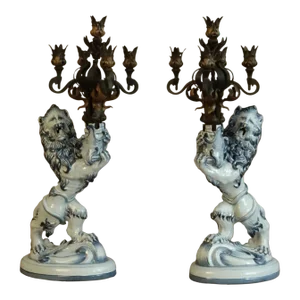 C1892 Huge Antique French Heraldic Roaring Lion Candelabra Faience Porcelain W/ Patinated Iron Signed by Emile Galle a - Pair