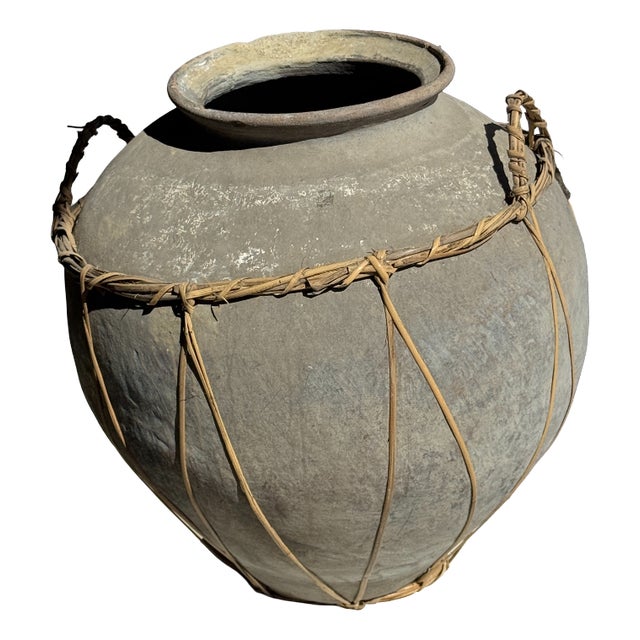 Large Light Grey Terracotta Pot with Rattan Handles and Crossbars, 1960s For Sale