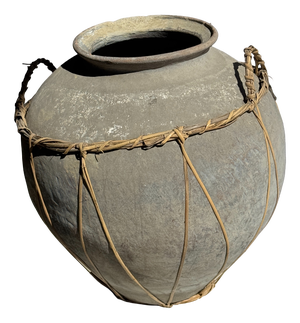 Large Light Grey Terracotta Pot with Rattan Handles and Crossbars, 1960s