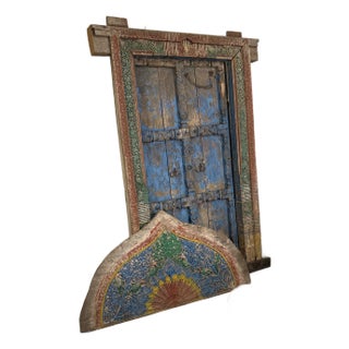 Antique Hand Carved Teak Weathered Indian Palace Entrance Door For Sale