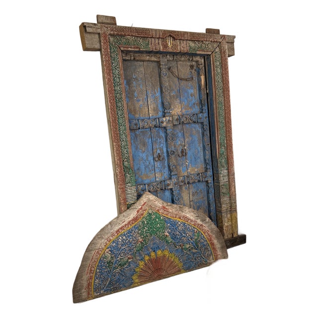Antique Hand Carved Weathered Indian Teak Palace Entrance Door For Sale