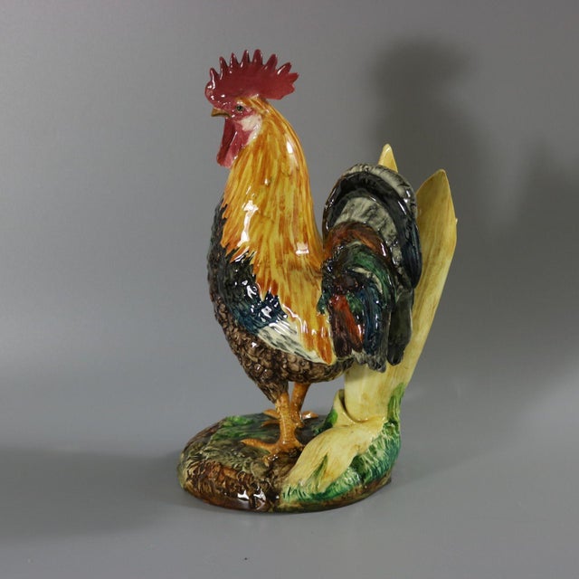 Victorian Delphin Massier Majolica Cockerel/Rooster Vase For Sale - Image 3 of 16