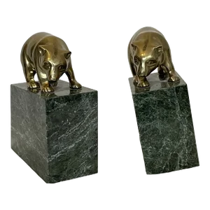 1970s Brass Bears on Green Marble Base Bookends- a Pair