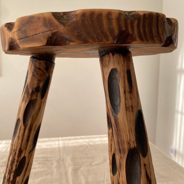 Brown Vintage Brutalist Hand Carved Tripod Milking Stool For Sale - Image 8 of 12