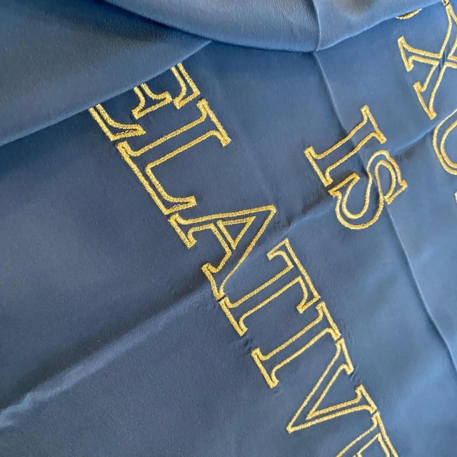 Navy Blue 1980s Vintage Luxury Is Relative Blue and Gold Silk Italian Foulard by Moschino For Sale - Image 8 of 9