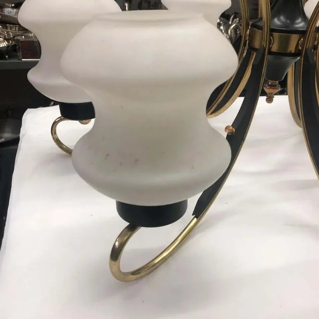 Brass 1950s Italian Mid-Century Modern Brass Ebonized Wood and White Glass Chandelier For Sale - Image 8 of 13