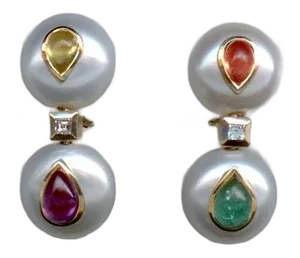 Pair of Freshwater Button Pearls With Fancy Color Sapphires and Diamond Spacers, in 18k Yellow Gold