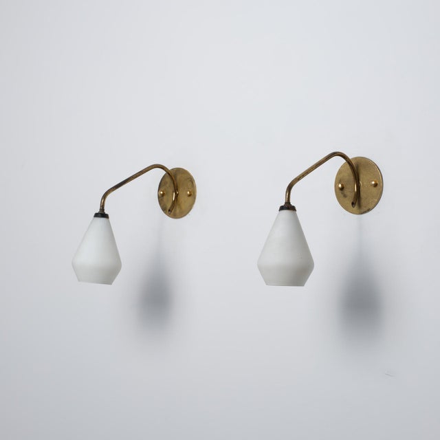 Vintage Italian Brass and Opaline Glass Wall Sconces, 1950s, Set of 2 For Sale - Image 6 of 6