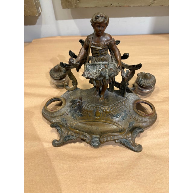 Brass Antique French Art Nouveau Figural Double Inkwell For Sale - Image 8 of 8
