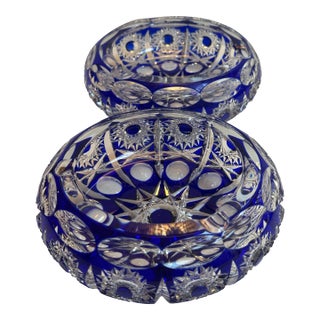 Mid 20th Century Bohemian Blue Cobalt Cut to Clear Two(2) Ashtrays Faceted Cut Diamond Star For Sale
