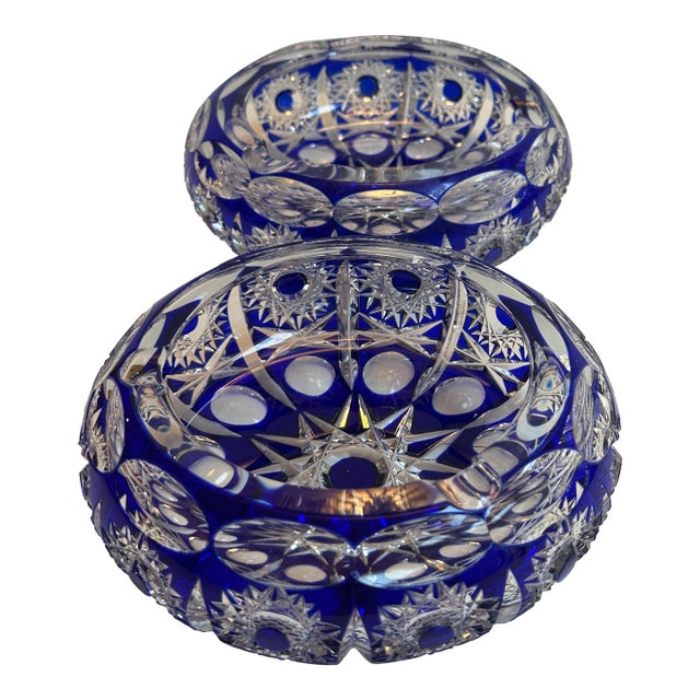 Mid 20th Century Bohemian Blue Cobalt Cut to Clear Two(2) Ashtrays Faceted Cut Diamond Star For Sale