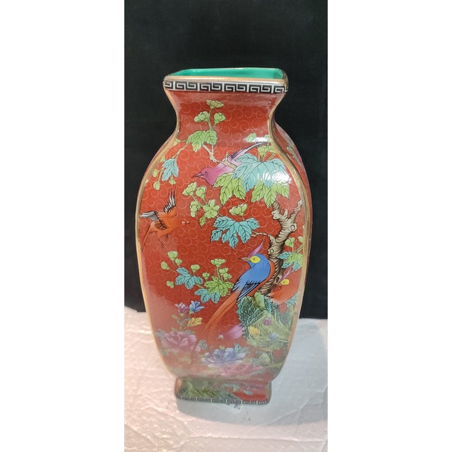 Art Deco 20thC Chinese Ceramic Vase Qing Dynasty Qianlong Marked Red Ground Famille Rose Porcelain Square Vase Hand Painted Flowers and Birds Pattern For Sale - Image 3 of 10