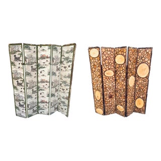 Vintage Ralph Lauren Style Reversible 5-Panel Room Divider – Farmhouse Rustic Cabin Wood Double-Sided Screen For Sale