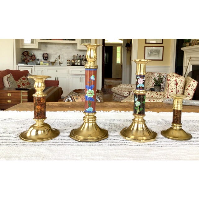 Chinoiserie 1990s Collection of Brass and Cloisonne Coordinating Candlesticks - Set of 4 For Sale - Image 3 of 12
