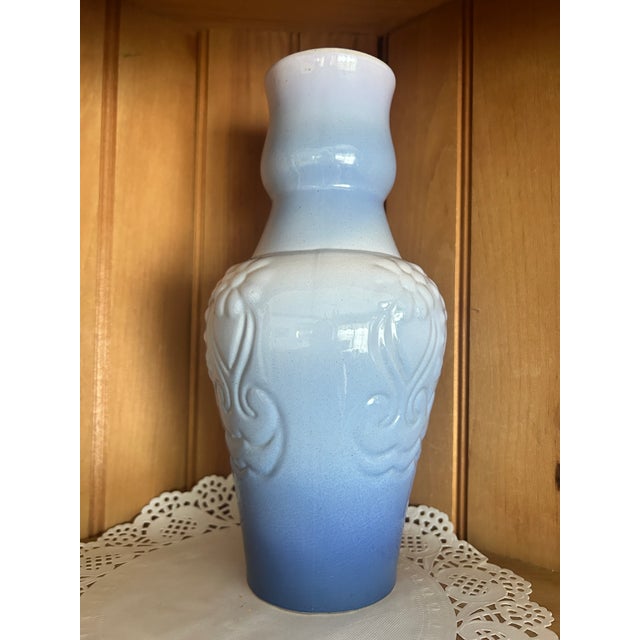 Vintage Art Deco Blue Ombre Ceramic Tall Vase Textured Floral Patterns Glossy Finish For Sale In New York - Image 6 of 7