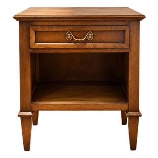 Vintage "By Drexel" Europa Walnut Nightstand | Dovetail Drawer + Original Brass Hardware For Sale