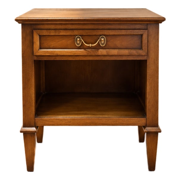 Vintage "By Drexel" Europa Walnut Nightstand | Dovetail Drawer + Original Brass Hardware For Sale