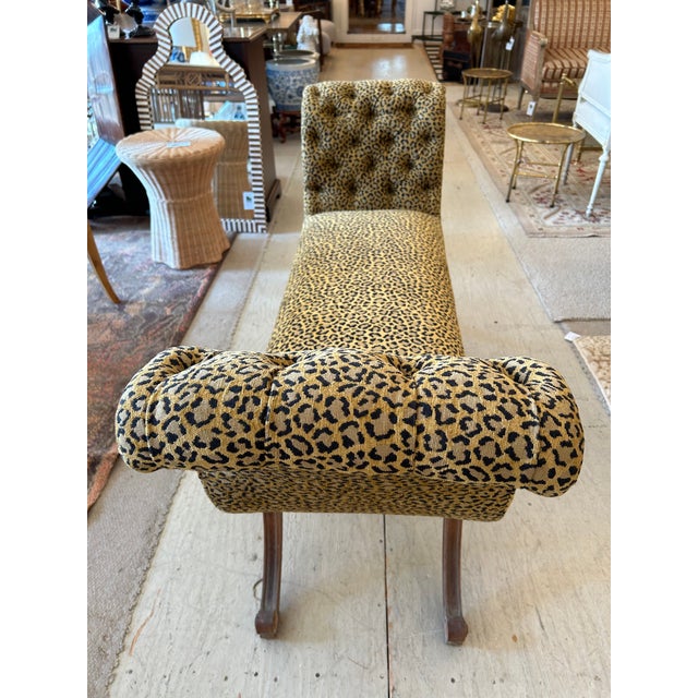 French Provincial Upholstered Leopard Print Chenille French Bench For Sale - Image 3 of 8