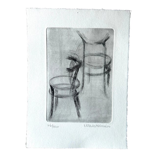1980s Drypoint Engraving of Thonet Bistro Chairs, Signed Limited Edition For Sale