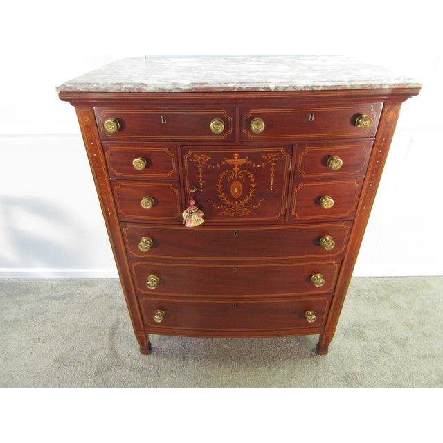 1930's Mahogany Inlay Marble Top Chest of Drawers For Sale - Image 4 of 10