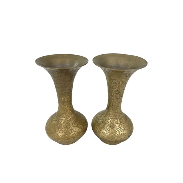 Mid-century solid brass vases with engraved motif. Made in India. Minimal age wear.