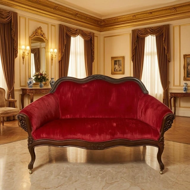 Wood Mid 20th Century The Chateau Salon: Custom French Louis XV Rococo Revival Crimson Velvet Settee For Sale - Image 7 of 14