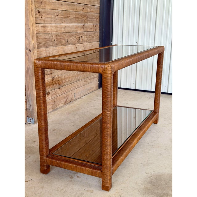 Coffee Modern Coastal Rattan Wrapped Two-Tier Console Table With Glass Shelves For Sale - Image 8 of 12