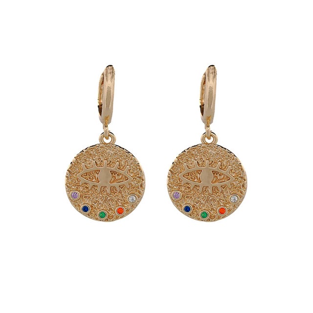 Metal Powerful Talisman Evil Eye Gold Earrings, A Pair For Sale - Image 7 of 7