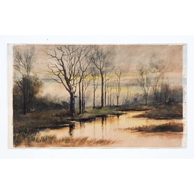 Circa 1910 watercolor on paper of riverside evening landscape. Unsigned. Unframed, age toning, few tiny specks paint loss.