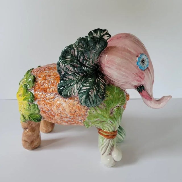 Figurative Vintage Italian Majolica Trompe l'Oeil Vegetable Elephant Sculpture For Sale - Image 3 of 10