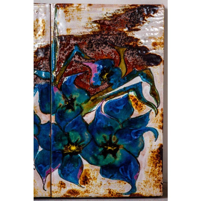 Wall Mounted Blue Flower Ceramic Tile, 1970 For Sale - Image 4 of 7