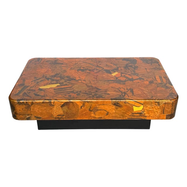 1970s Organic Modern Copper & Brass Inlaid Coffee Table on Ebonized Base For Sale