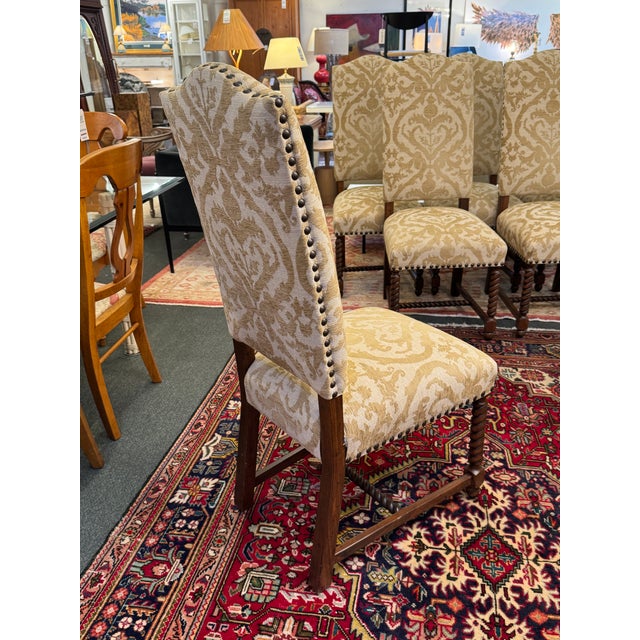 French Louis XIII Style High Back Damask Dining Chairs, Set of Six For Sale - Image 10 of 13