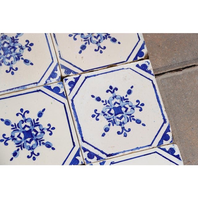 Blue Antique 1920s Portuguese Ceramic Tiles With Stylized Art Deco Rosette Motif Set of 14 For Sale - Image 8 of 18