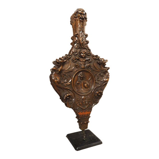 Large Hand Carved and Mounted Walnut Bellows From Florence, Italy, Circa 1850 For Sale