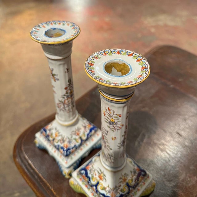Pair of Mid-Century French Rouen Faience Candlesticks With Floral Decor For Sale - Image 4 of 6